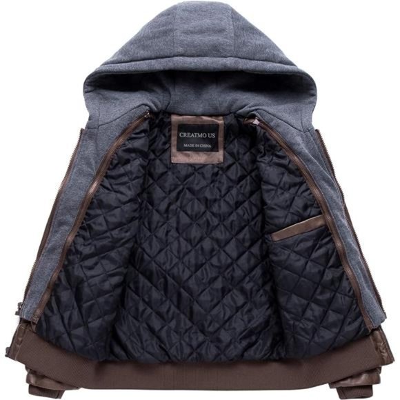 Men's Faux Leather Jacket Motorcycle Waterproof Windproof Vintage Bomber Hoodie - Picture 3 of 7